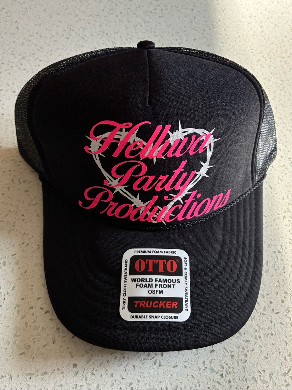 OTTO Black Trucker Hat with Pink Script and Silver Heart NWT